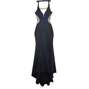 Betsy & Adam Black Beaded Mesh High-Low Mermaid Evening Gown Dress Size 8